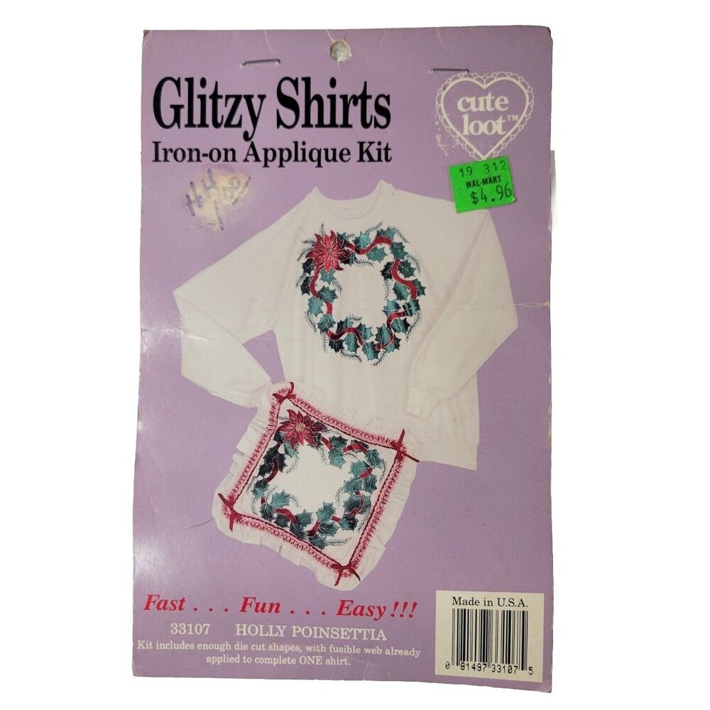 Vintage 90s Christmas Glitzy Shirts Iron-On Applique Kit 33107 Holly Poinsettia